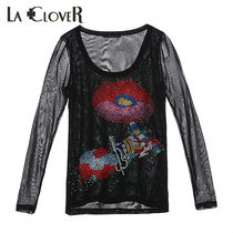 LACLOVER blue Cavin rhinestone base series summer thin section women round neck long sleeve top LC81T81