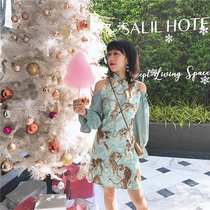 Huang Niuniu classmates original homemade printed Tiger series Off-shoulder ruffle sleeve modified slim cheongsam dress