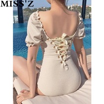 Swimsuit womens summer 2021 new belly cover thin sexy backless fairy fan Korean ins one-piece hot spring swimming suit