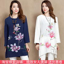 2021 ethnic style womens autumn clothes new cotton linen Chinese hand-painted Lotus long sleeve round neck dress shirt Women