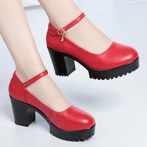 Round head word buckle single shoes womens real leather soft leather spring and Autumn new womens shoes red high-heeled shoes soft-soled catwalk shoes