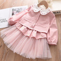 Korean version of the girls western style suit 2021 nian spring and autumn childrens clothing female baby single-breasted womens coat wears a kilt a two-piece set