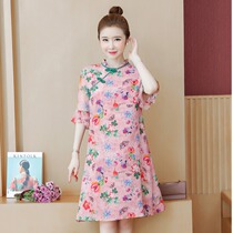 Large size womens clothing 2023 summer new Chinese style retro temperament cheongsam improved version Tang buckle plate buckle floral dress