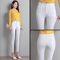  White high-waisted jeans womens nine-point spring and autumn new Korean plus size womens thin tight little feet pencil trousers