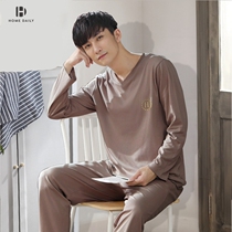  Mens modal pajamas Mens autumn spring autumn and winter pure cotton long-sleeved thin Korean v-neck loose large size home clothes