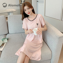 Ice silk nightgown women 2022 summer thin high-end sense short-sleeved pajama dress mid-length can be worn outside the housewear