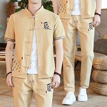 China Wind Suit Men Chinese Vintage Flax Short Sleeve T-Shirt V Collar Mens Summer Thin cotton linen Set of clothes