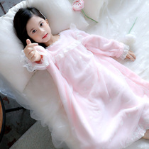 Childrens pajamas Girls  long-sleeved flannel warm nightgown Medium and large childrens lace Western style nightgown Little girl home clothes