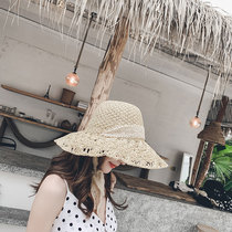 Net red beach straw hat female lace belt foldable hand woven shade small fresh summer wild seaside sunscreen