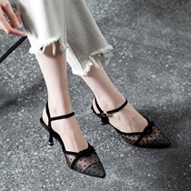 Sandals women 2021 new summer stiletto all-match Baotou small heel fashion polka dot mesh fairy pointed toe high heels
