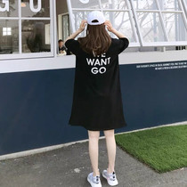 Korean foreign style spring and summer straight letter slit mid-length T-shirt loose star net red half-sleeved dress female tide