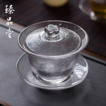 Glass large number cover bowl thickened heat resistant anti-heat and high temperature resistant tea hand frosted tea set large number three-only tea bowl