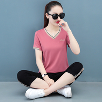 Pure Cotton Casual Sportswear Suit Women 2022 Summer New V Collar Seven Pants Mom Big Code Two Sets Summer