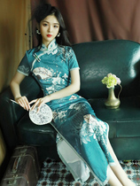 Blue Printed Qipao 2021 New Retro Temperament China Wind Long style Improved version Republic of the Republic Liandress Fall