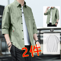 Short-sleeved mens shirt summer loose thin section tooling shirt jacket Mens casual summer fashion seven-point middle sleeve