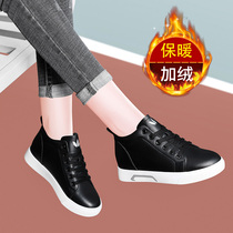 Black high-top shoes women winter plus velvet 2021 new leather cowhide flat spring and autumn Joker casual sports shoes