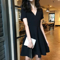 Korea counter 2021 summer new slim black skirt A- line dress belly V-neck pleated dress women