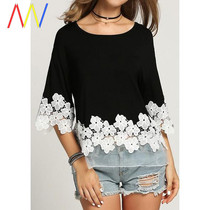 2019 tee plus big size T shirt womens round neck lace tops