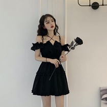 Spring and summer new fashion temperament strap sexy little black dress cross lace-up high waist suspender A dress skirt