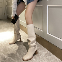 Ken Bean Walk Show High Silo Horse Boots Thick Heel Heaps Heaps Lean Skinny Boots Pleated Leather Boots Though Kneecap Boots 41cm