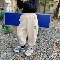 Children plus suede sports pants 21 Winter Korean version of male and female childrens baby double composite Australian grain suede smiling face casual long pants tide