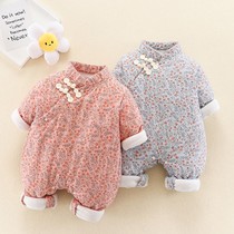 Autumn and winter baby plus cotton medium thick Chinese wind full moon 100 days cheongsam unibody cotton dress female baby out of clothing