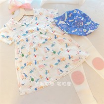 Exit Single girl Summer Rabbit Rabbit Illustrations Wind full cotton one-piece dress Dress Woman Treasure Cute INS Doll Dress