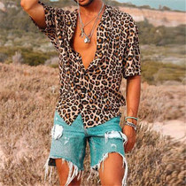 3XL Men Leopard Print Shirts Loose Turn Down Neck Blouse Top