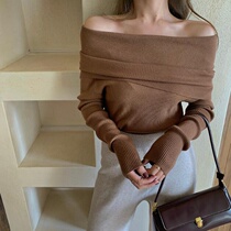 Straight shoulder jacket head outside wearing sweater woman Lazy Wind Dew Shoulder dressing with long sleeves Knitted Sweatshirt Blouse 2022 Autumn Winter New