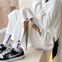 Spring Summer Thin and Tide Card Sports Pants Male Rainbow Striped Casual Pants Loose Straight Cylinder Side Row Buttondown Pants
