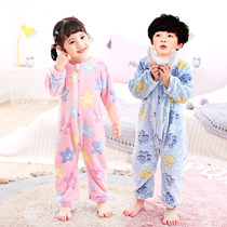 Baby conjoined childrens climbing clothes 2022 new plus velvet Flannel Velvet Sleeping Bag Coral Suede Home Conserved Baby