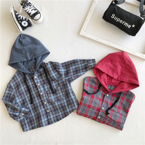 2022 Spring and Autumn New Childs Dress Boy and Girl Han Edition thin loose hood shirt baby pure cotton plaid shirt