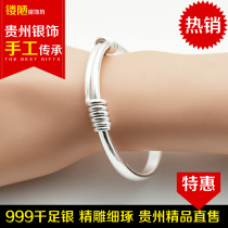  Foot silver s999 glossy push-pull bracelet Classic adjustable size Handmade sterling silver bracelet Guizhou silver jewelry