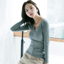 Knitwear V-neck womens ribbed terry long-sleeved base coat Slim slim inner tie base shirt Cotton warm top T-shirt