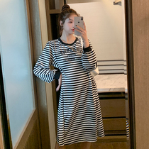 Pregnant women autumn striped long sleeve T-shirt dress 2021 new long size loose casual pregnancy skirt