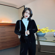 Temperament socialite small jacket autumn and winter 2021 New High neck long sleeve knitwear black plus velvet split pants three-piece set