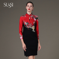 SUSSI ancient color winter new bright Shengshi flowers under the black printed dress 2194L2470