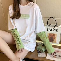 Long sleeves Splicing Long Sleeve Fake two pure cotton blouse design feeling T-shirt with small crowdsourced light and light cooked womens clothing in autumn and winter