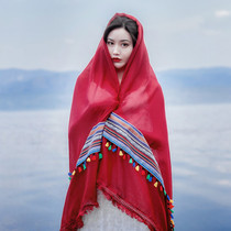 Red silk scarf womens summer thin northwest Qinghai Lake Yunnan tourism photo sunscreen shawl seaside scarf