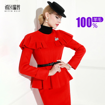 Hisan Rip designer temperament double-sided wool tweed host fashion professional suit womens winter annual Red