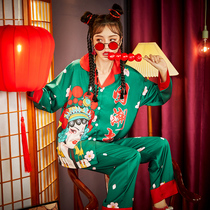 Spring and autumn pajamas womens ice silk long sleeves thin national tide retro style Beijing opera Girl Silk home clothes two-piece suit