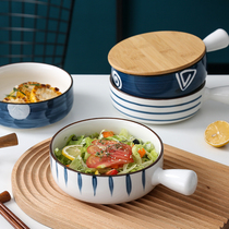 Japanese instant noodle bowl Net red ceramic handle bowl Baking bowl Microwave oven household baked rice bowl Fruit salad bowl tableware soup