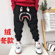 Winter-velvet Japanese tide children baby boys and girls shark big teeth 420g cotton polished thick sweatpants