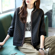 Baoshi Li autumn casual black womens nail bead stitching top womens new 2021 short long sleeve jacket Joker