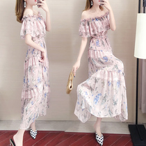 Word shoulder dress womens 2021 spring and summer new French super fairy waist Chiffon thin section floral long dress