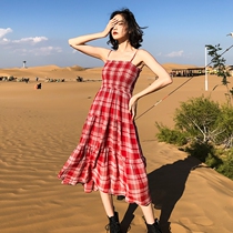 Retro one-piece dress Children high waisted plaid harness Breasted Beach Skirt Small midlength dress