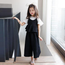 Girls Set Summer Korean 2021 New Tong Tong Ruffle Top Nine Wide Leg Pants 2 Piece Set