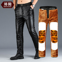 Deng Yang mens leather pants warm and thick velvet windproof motorcycle locomotive elastic high waist cotton pants straight autumn and winter leather pants