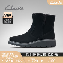 Clarks Qile womens shoes Autumn and winter retro British style comfortable and casual wedge heel plush inner snow boots womens short boots