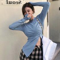 Vanya Fall Tie-Tie Round-Fit Fashion in Fashion with irregular long sleeve T-shirt blue coat